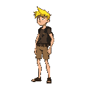 a pitfall harry character from the atari pitfall in 32 high 24 pixel wide, slim mature adult character, blond hair, no gear, sideview