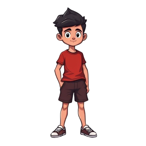 crie uma arte de um personagem masculino, uma criança de 12 anos. pele parda, cabelo preto. usa boné, uma bermuda preta e uma camiseta vermelha. faça estilo pixel para jogo retro.
