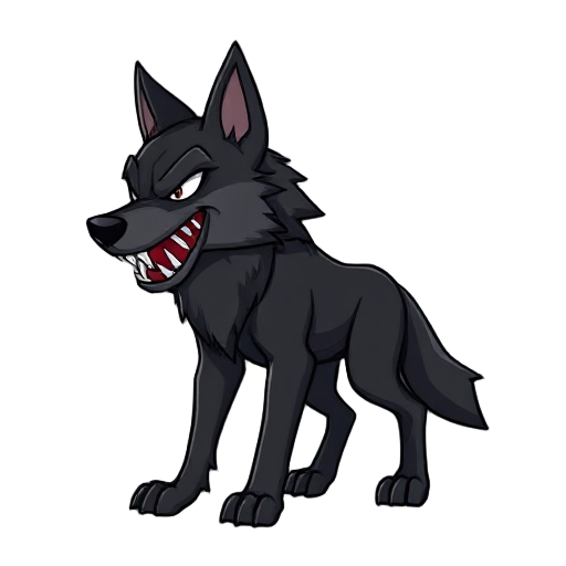 black wolf bearing its teeth. the view is from the side