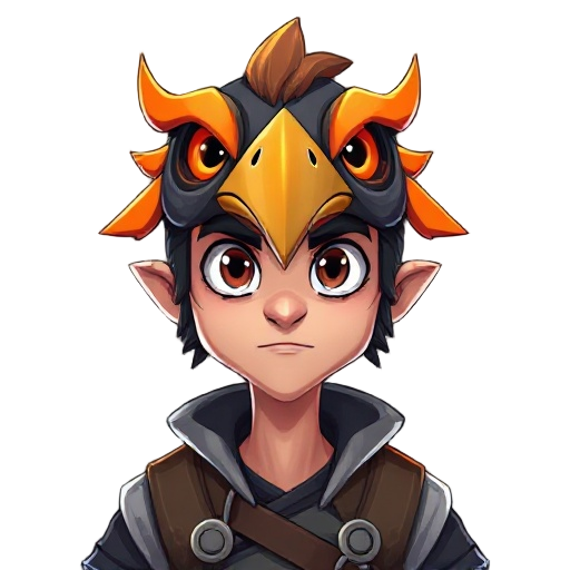 alchemist with a bird mask with orange highlights