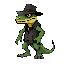 make a buff enemy humanoid lizard that is wearing a hat and a mafia outfit and its looking sideways