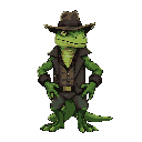 make a buff enemy humanoid lizard that is wearing a hat and a mafia outfit
