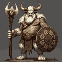 a towering oni shaman with white fur and intricate tribal markings painted across his muscular torso. he wields a staff topped with a bull's skull and carries a circular shield emblazoned