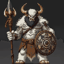 a towering oni shaman with white fur and intricate tribal markings painted across his muscular torso. he wields a staff topped with a bull's skull and carries a circular shield emblazoned