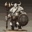 a towering oni shaman with white fur and intricate tribal markings painted across his muscular torso. he wields a staff topped with a bull's skull and carries a circular shield emblazoned