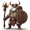 a towering oni shaman with white fur and intricate tribal markings painted across his muscular torso. he wields a staff topped with a bull's skull and carries a circular shield emblazoned