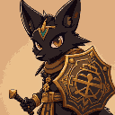 a jackal-headed guardian with midnight-black fur and ruby eyes. he carries a khopesh sword that can cut through spirits and a shield inscribed with protective hieroglyphs. golden ankh amulets hang fro