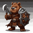 a broad-shouldered bear humanoid with thick brown fur and amber eyes. he wears armor forged from enchanted steel, wields a greataxe with ancient runes, and carries a shield made from an ancient tree's