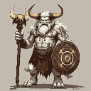 a towering minotaur shaman with white fur and intricate tribal markings painted across his muscular torso. he wields a staff topped with a bull's skull and carries a circular shield emblazoned with ce