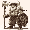 a towering minotaur shaman with white fur and intricate tribal markings painted across his muscular torso. he wields a staff topped with a bull's skull and carries a circular shield emblazoned with ce