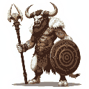 a towering minotaur shaman with white fur and intricate tribal markings painted across his muscular torso. he wields a staff topped with a bull's skull and carries a circular shield emblazoned with ce