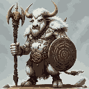 a towering minotaur shaman with white fur and intricate tribal markings painted across his muscular torso. he wields a staff topped with a bull's skull and carries a circular shield emblazoned with ce