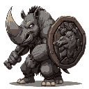 a hulking rhino-man with slate-gray skin and a massive horn. his muscled arms bear tribal scars, and he wields a spiked maul. a heavy wooden shield is strapped to his back, carved with images of his a