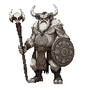 a towering oni shaman with white fur and intricate tribal markings painted across his muscular torso. he wields a staff topped with a bull's skull and carries a circular shield emblazoned