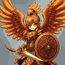 a towering eagle-headed warrior with bronze feathers and piercing golden eyes. she carries a curved blade that glows with solar energy and a round shield etched with wind patterns. her ceremonial armo