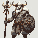 a towering half-human shaman with white fur and intricate tribal markings painted across his muscular torso. he wields a staff topped with a bull's skull and carries a circular shield emblazoned