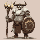 a towering oni shaman with white fur and intricate tribal markings painted across his muscular torso. he wields a staff topped with a bull's skull and carries a circular shield emblazoned