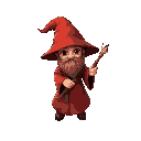 tiny crimson wizard with wand