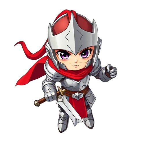 cute super deformed warrior character, chibi style, 3 heads tall, holding medieval sword, plate armor with red cape, silver and red color scheme, big expressive anime eyes, oversized head and hands, confident stance, full body, cell-shaded art style, game