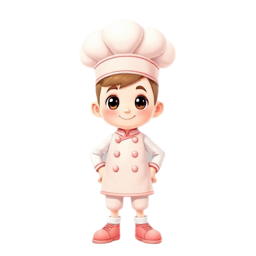 cake boy pastel peach color, covarege pastel rose, chef costume
