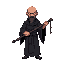 bald black monk, using a long iron staff with decorative ropes on the ends.