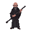 bald black monk, using a long iron staff with decorative ropes on the ends.