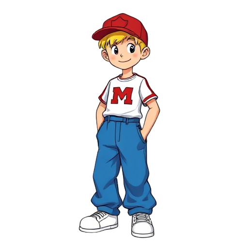 a blond boy with red cap (m logo), white shirt with red m, blue baggy pants, big white shoes, smirking, hand in pocket, snes style, clean outline.