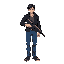 a man, with a gun, with blue pants, black jacket, black hair, rpg maker sprite, 64px