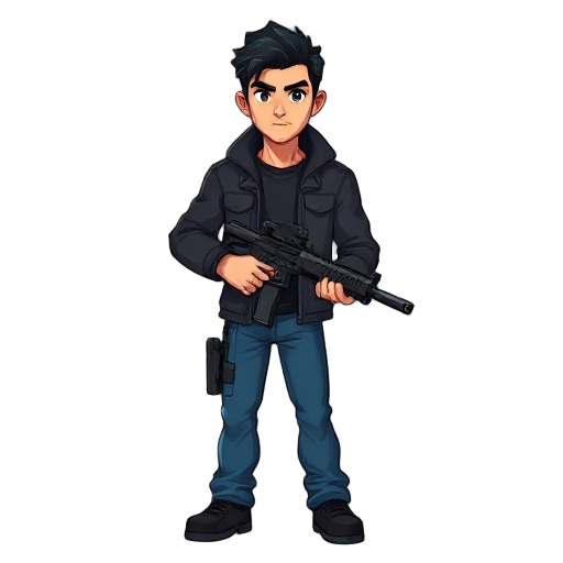 a man, with a gun, with blue pants, black jacket, black hair