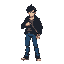 a man, with a gun, with blue pants, black jacket, black hair, rpg maker sprite, 64