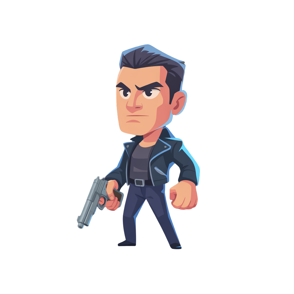a man, with a gun, with blue pants, black jacket, black hair