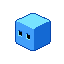 um cubo azul-neon de cantos levemente arredondados, com olhos quadrados pretos simples na frente, sem boca, braços ou pernas, cercado por um contorno brilhante