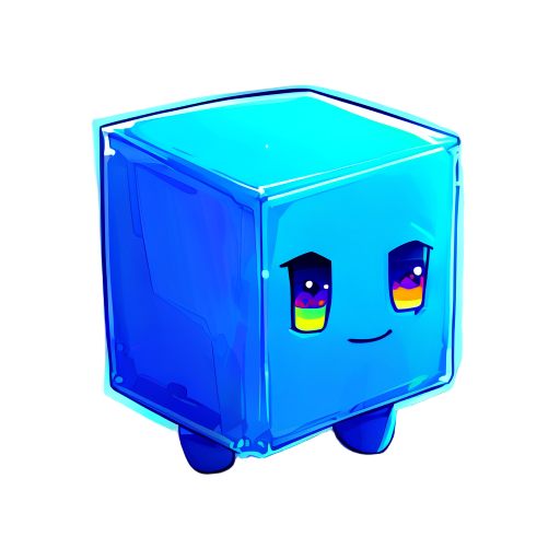 em 2d, para um jogo de plataforma: um cubo azul-neon de cantos levemente arredondados, com olhos quadrados pretos simples na frente, sem boca, braços ou pernas, cercado por um contorno brilhante