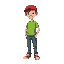 a boy wearing a green t-shirt, jeans, sneakers, and a red hat