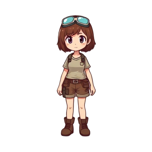 full body, top-down view, female character, adventure clothing, short brown hair, wearing goggles on head, simple shirt, shorts with a patch, sturdy boots, neutral expression, compact and chunky style, no backpack, clear outline, minimalist details, inspi