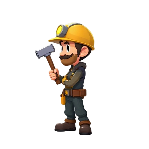 a stylized 3d miner standing still with helmet lamp and hammer, semi-realistic, game-ready sprite, side view, clean background.