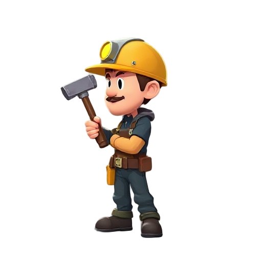 a stylized 3d miner standing still with helmet lamp and hammer, semi-realistic, game-ready sprite, side left view, clean background.