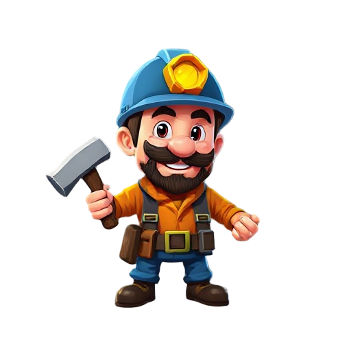 a stylized 3d miner with a helmet lamp and a hammer, semi-realistic, game asset style, clean edges, bright colors, optimized for slot machine icon.