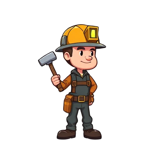 a stylized 2d miner standing still with helmet lamp and hammer, game-ready sprite, side right view, clean background.