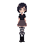 young woman, neutral expression, full-body on white. 16-bit style, short dark hair, light skin, black pixel eyes. black shirt, pleated skirt, striped thigh-highs, black boots.