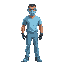 man wearing light blue scrubs with mf dooms mask on