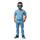 man wearing light blue scrubs with mf dooms mask on