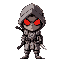 make it mor like warrior with sword and red eyes