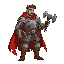 fallen knight, holding old iron rusty sworn in right hand, red torn cape, old iron chestplate, leather trousers, medieval theme