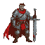 fallen knight, holding old iron rusty sword in right hand, red torn cape, old iron chestplate, leather trousers, medieval theme