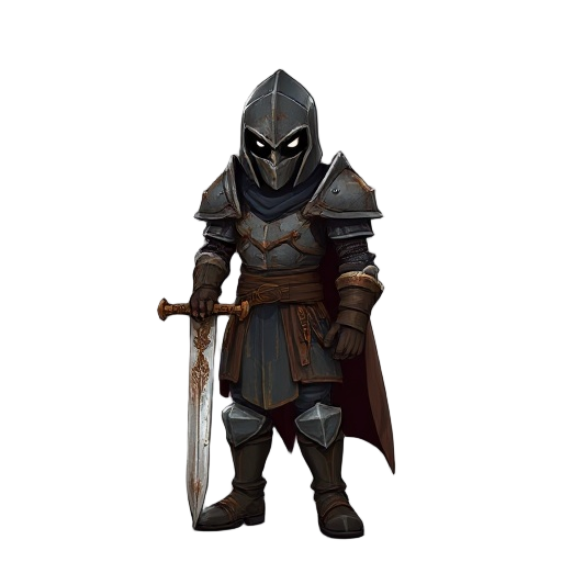 a dark fantasy knight with a rusted armor, a large sword and leather boots and gloves.
