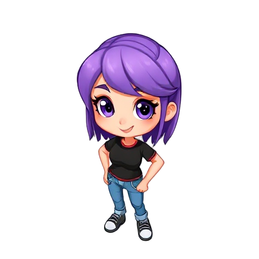 cartoon chibi-style girl, isometric view, big head, expressive eyes, purple hair, black t-shirt, blue jeans. bright mobile-game style, clean lines, colorful palette, dynamic pose, confident smile, full body, white background
