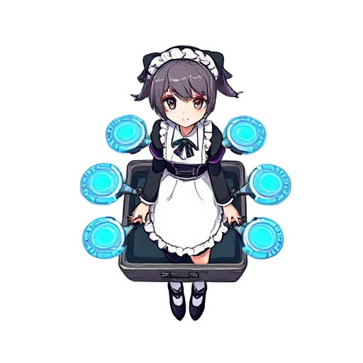 the marunouchi corporate maid. energy briefcase that unfolds into floating shield drones. character is wearing a maid outfit, but with corporate vibe
