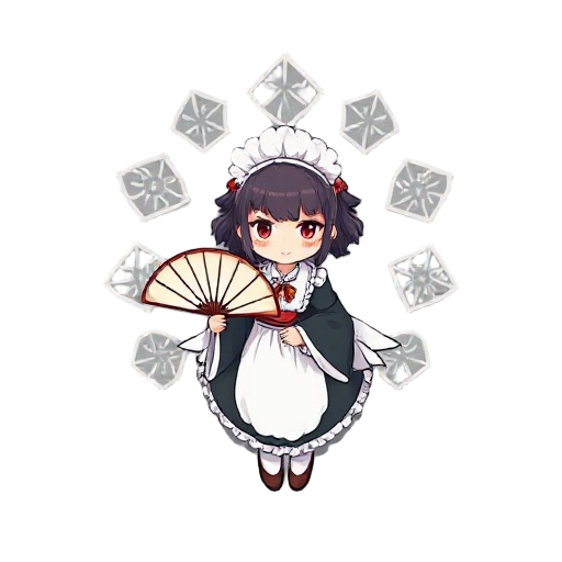 the kyoto spirit maid. holds folding fan that projects purifying sigils. character is wearing a maid outfit, like the full maid outfit, but because she's from kyoto, she's wearing the old school style, so it's like the combination of the kimono and maid o
