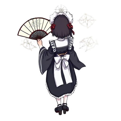 the kyoto spirit maid. holds folding fan that projects purifying sigils. character is wearing a maid outfit, like the full maid outfit, but because she's from kyoto, she's wearing the old school style, so it's like the combination of the kimono and maid o